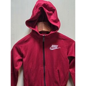 Nike Sweatshirt Kids 6-7 Red Full Zip Hoodie Fleece Stripe Sleeve Swoosh